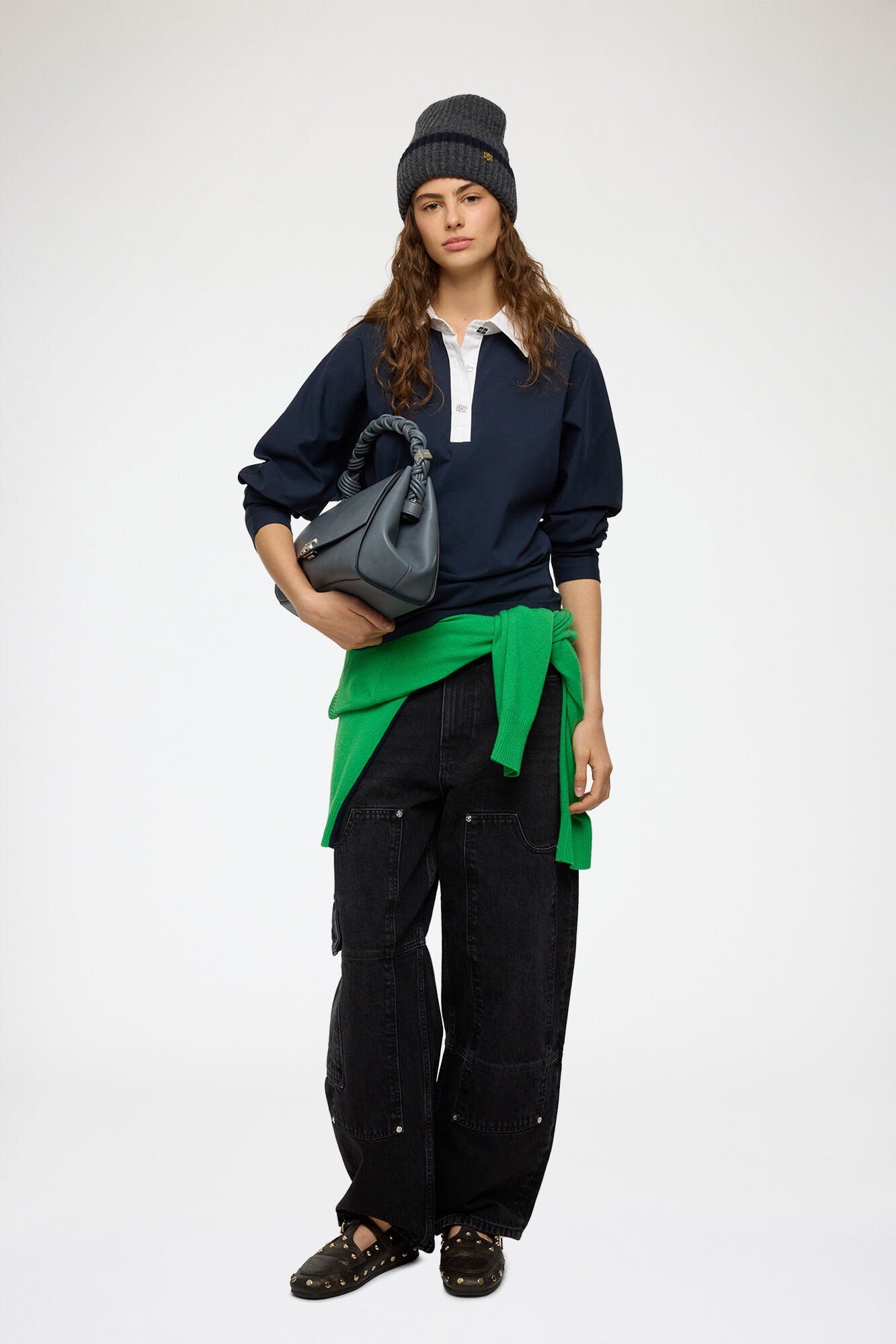 Polo Shirt in Navy Jersey, Organic Cotton, in colour Sky Captain - 2 - GANNI