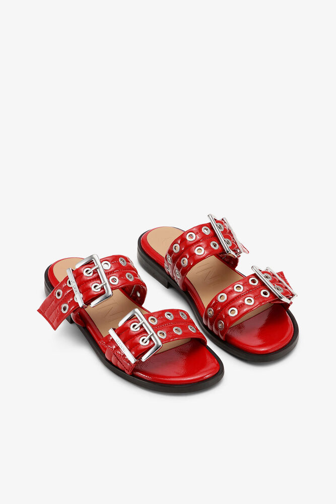 Feminine Buckle Two-Strap Sandals in Red, Racing Red