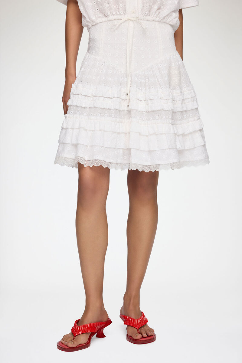 Skirt in White Broderie Anglaise, Organic Cotton, in colour Bright White - 2 - GANNI