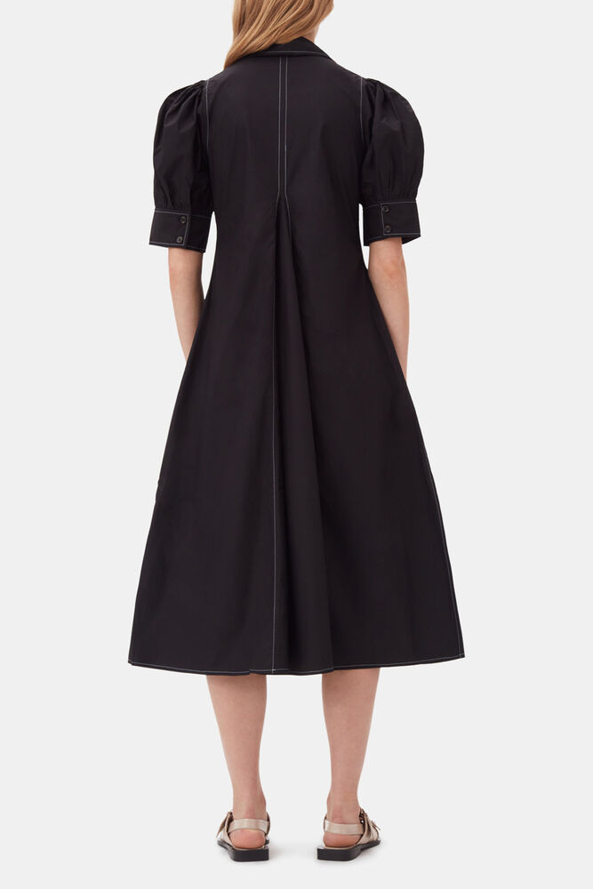 Cotton Poplin V-Neck Midi Dress, Black