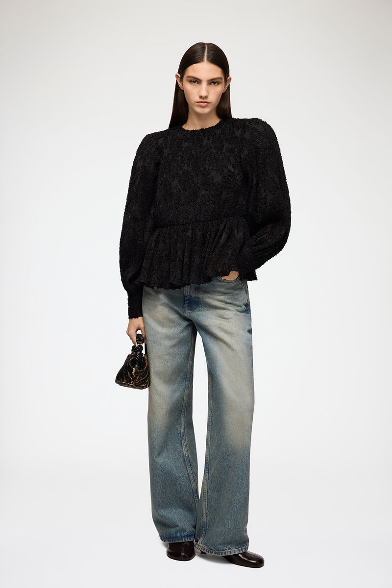 Blouse in Black Fil Coupe, Recycled Polyester, in colour Black - 2 - GANNI