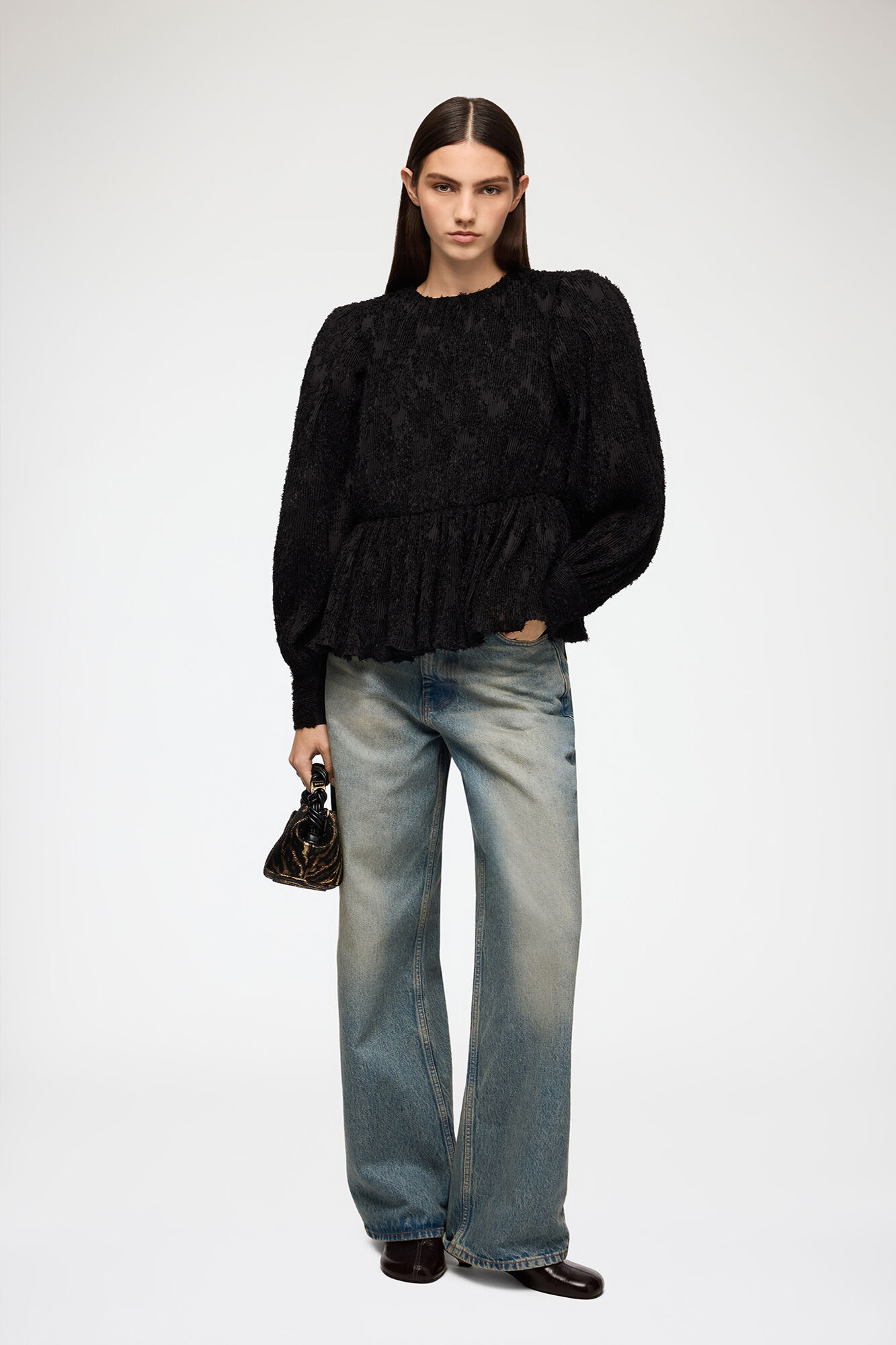 Blouse in Black Fil Coupe, Recycled Polyester, in colour Black - 2 - GANNI