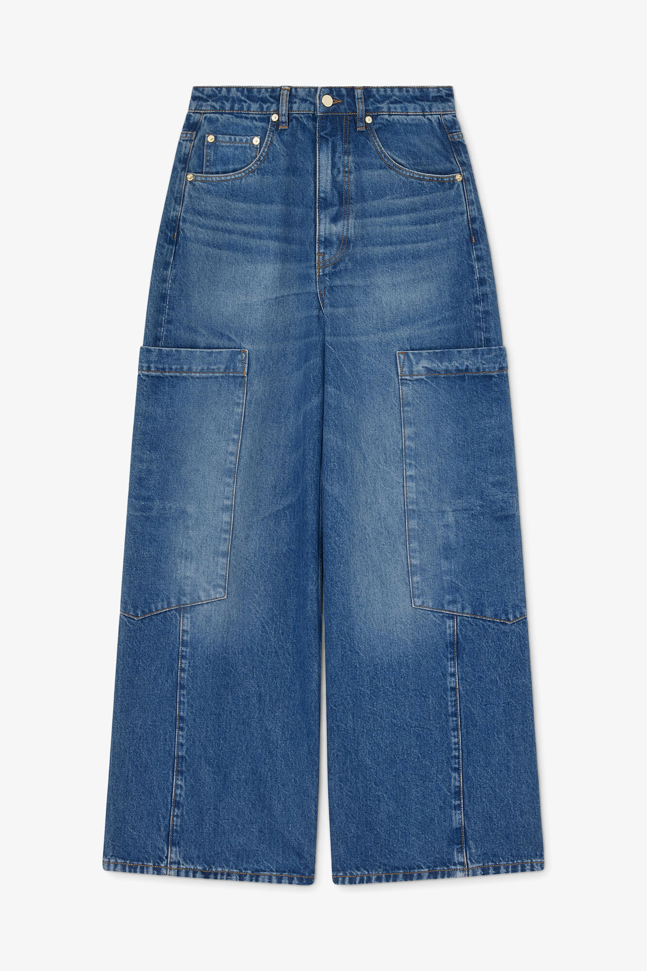 Baggy Cargo Jeans in Rigid Denim, Organic Cotton, in colour Mid Blue Stone - 1 - GANNI