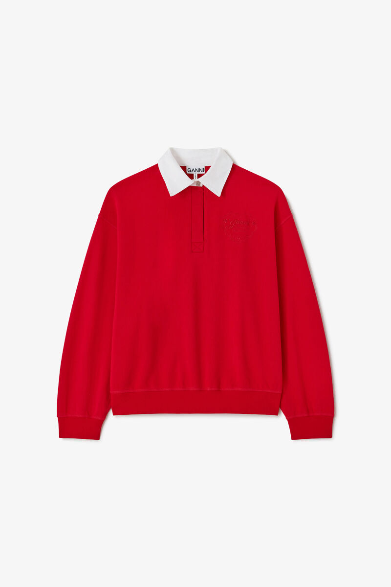 Polo Shirt with Heart Embroidery, Organic Cotton, in colour Racing Red - 1 - GANNI