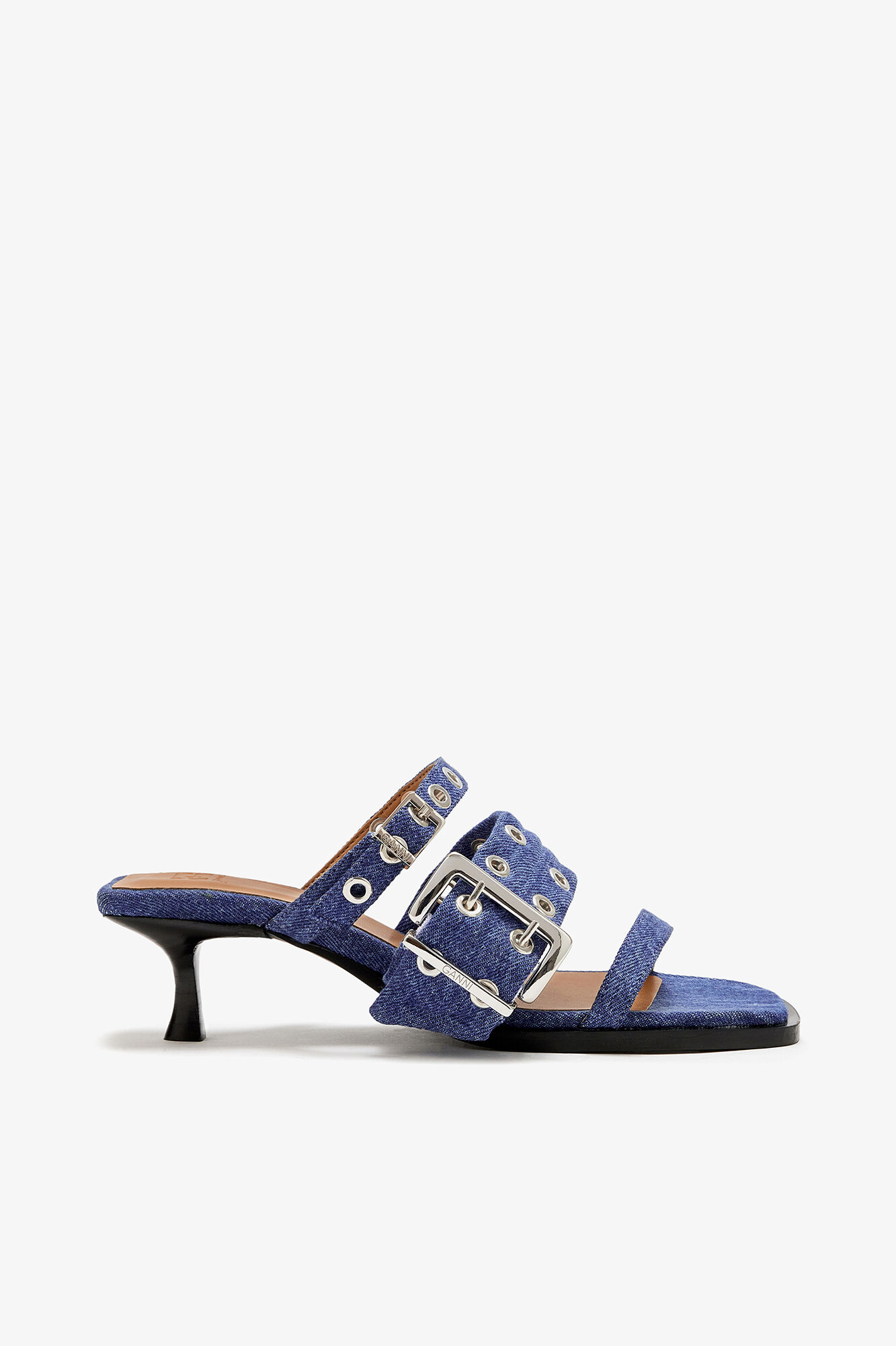 Buckle Strap Mule in Denim, Organic Cotton, in colour Mid Blue Vintage - 1 - GANNI
