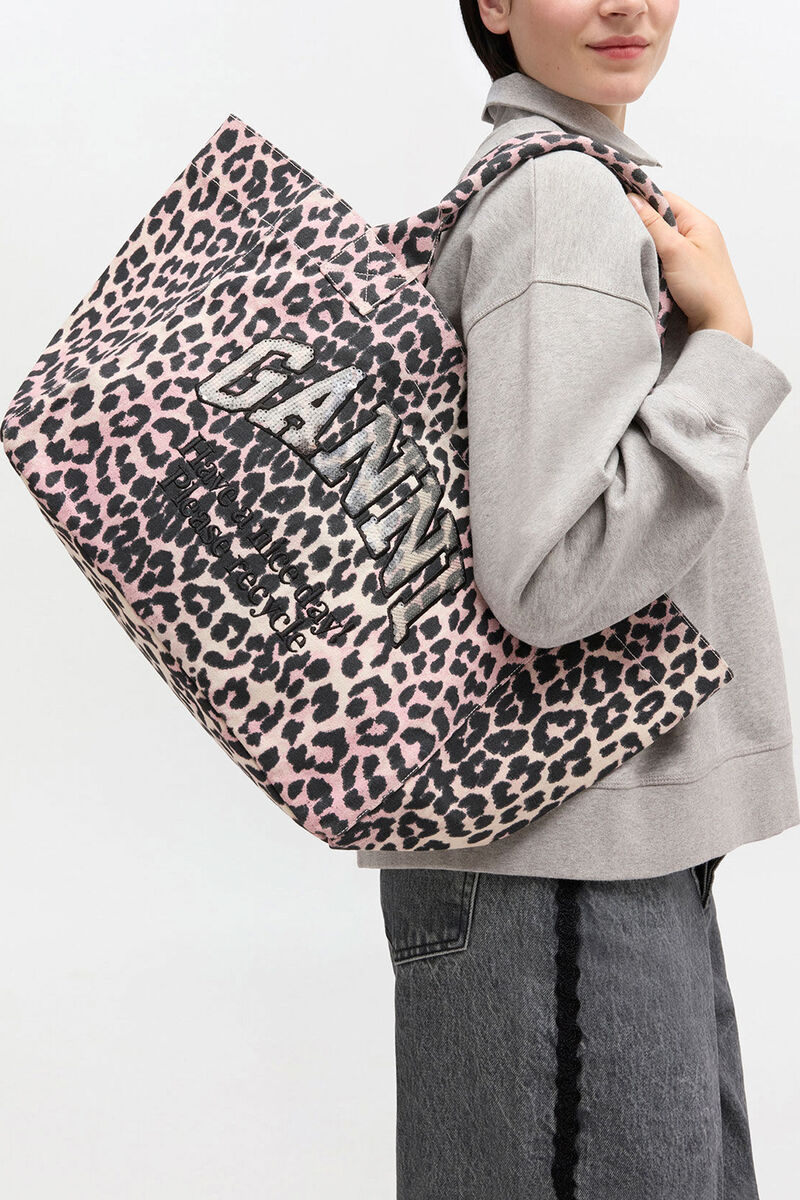 Medium tote taske i leopard, Recycled Cotton, in colour Bleached Mauve - 1 - GANNI