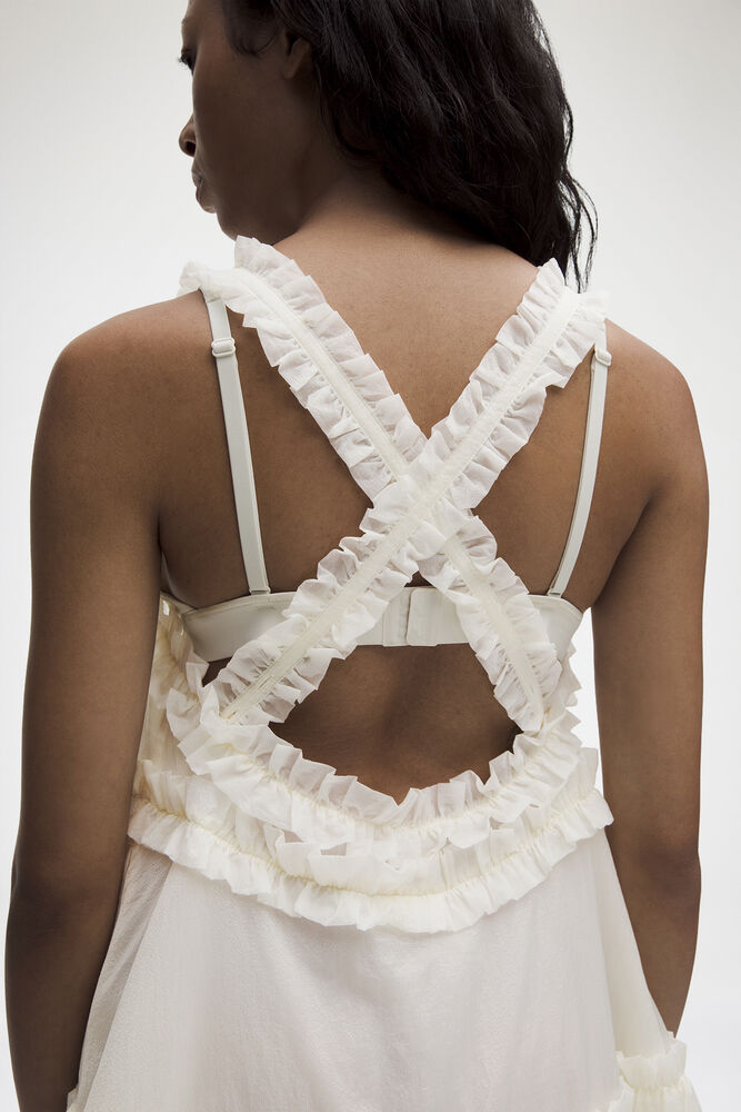 Ruffle-Trim Textured Midi Dress, Coconut Ivory
