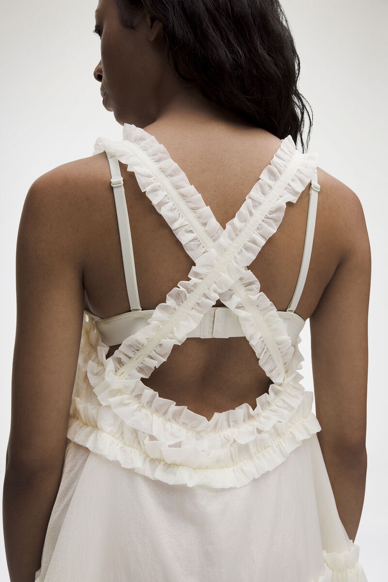 Ruffle-Trim Textured Midi Dress, Recycled Polyamide, in colour Coconut Ivory - 4 - GANNI
