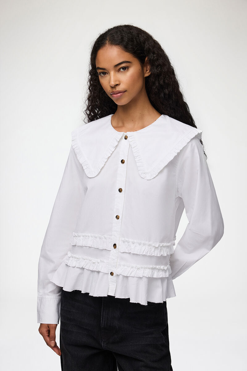 Stretch Cotton Ruffle Shirt, Organic Cotton, in colour Snow White - 1 - GANNI