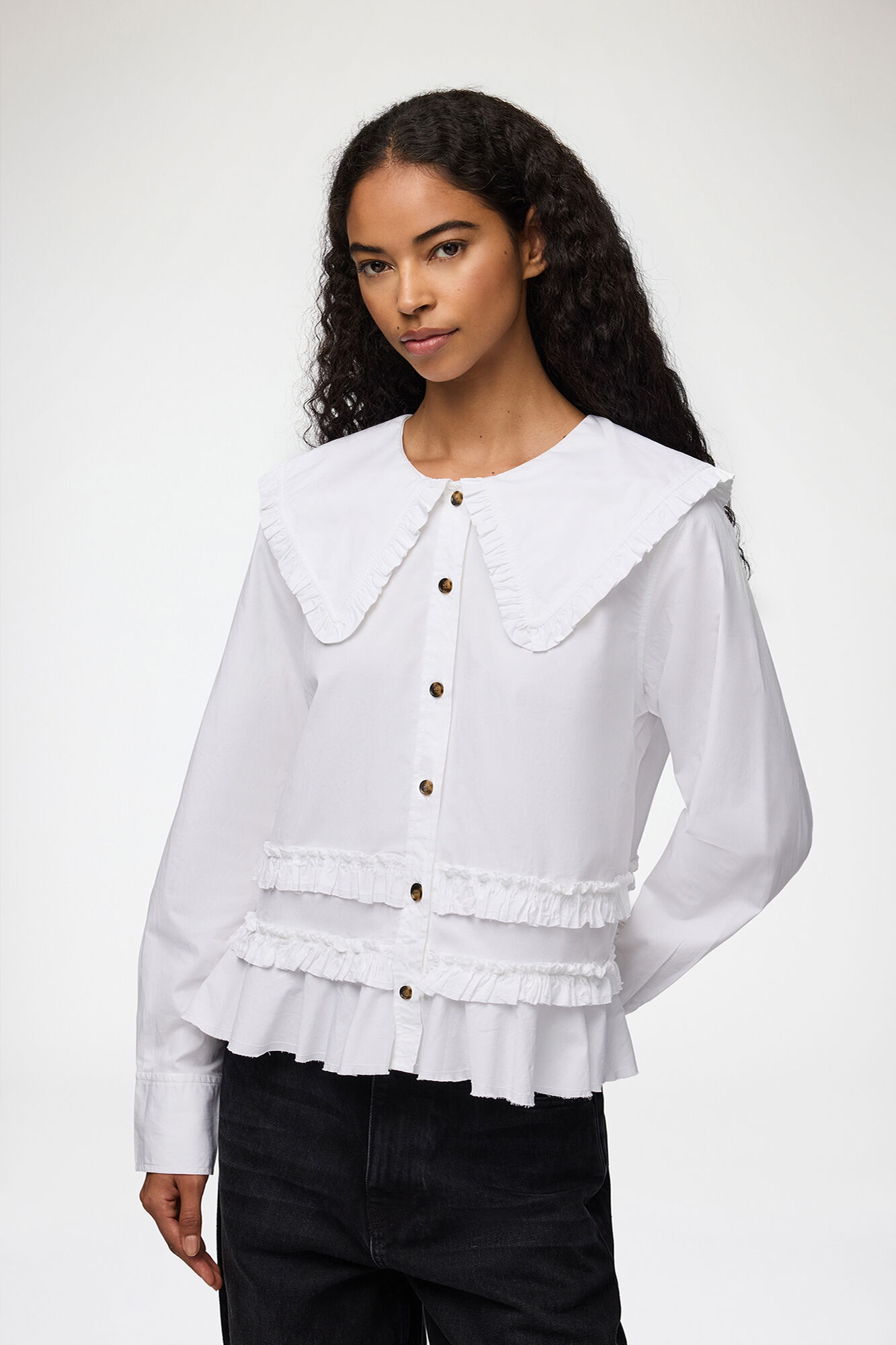 Stretch Cotton Ruffle Shirt, Organic Cotton, in colour Snow White - 1 - GANNI