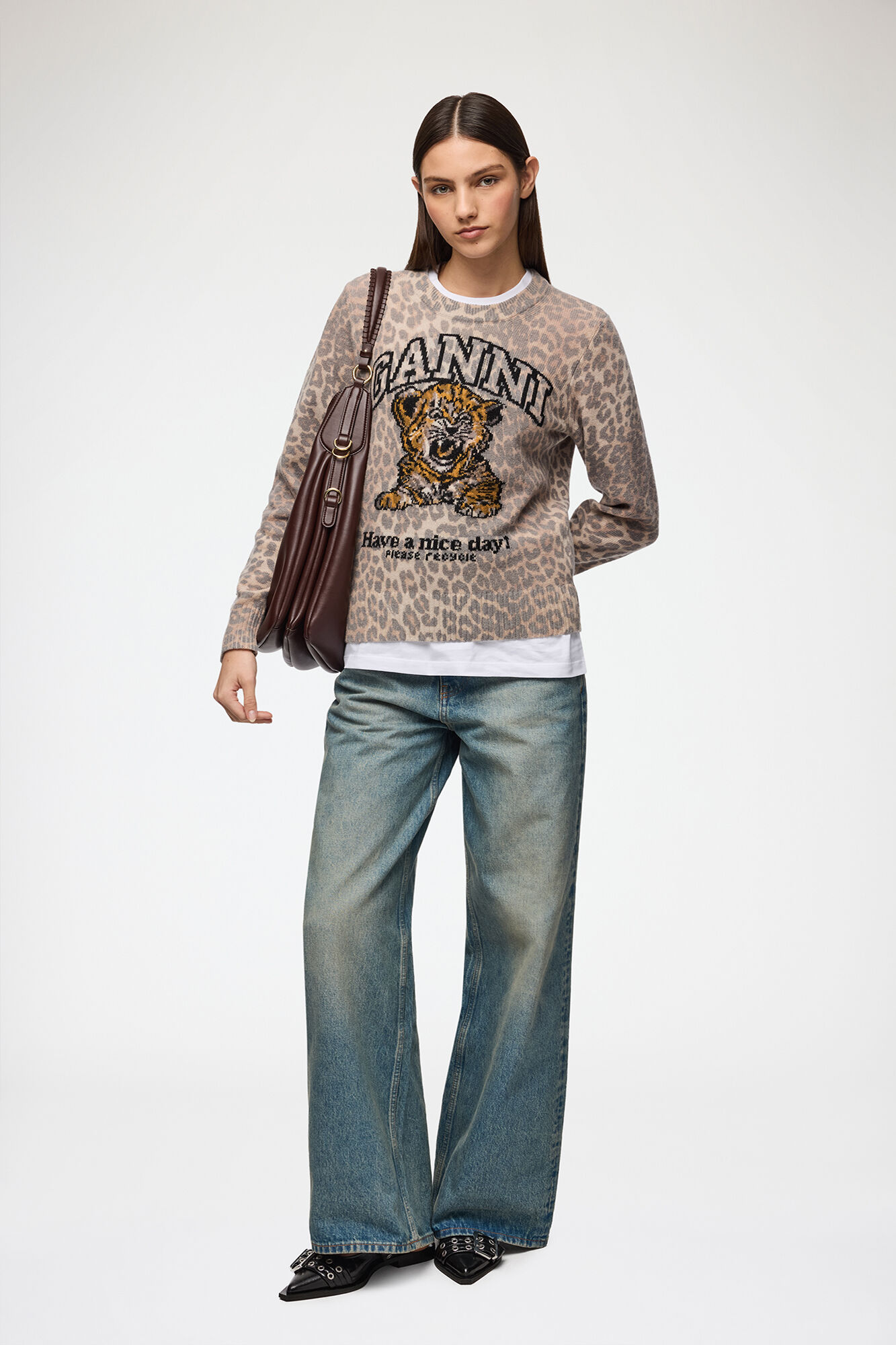 Jumper with Tiger, Wool, in colour Almond Milk - 2 - GANNI