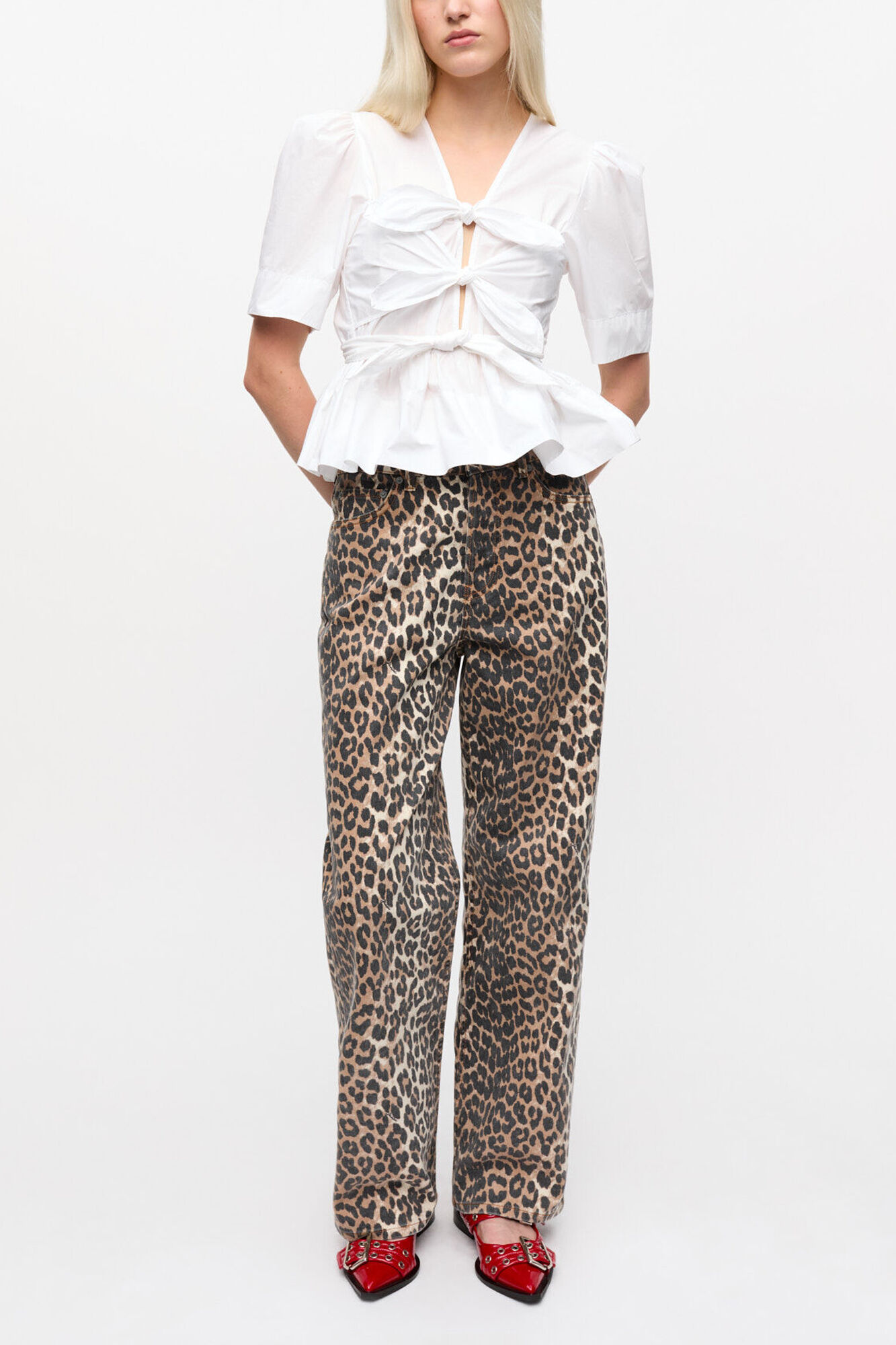 ホワイトウォッシュ ストレッチコットン タイストラップ ブラウス, Organic Cotton, in colour Bright White - 2 - GANNI