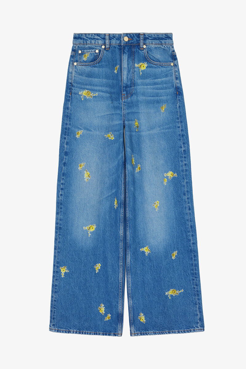 Lari Jeans Wide in Printed Denim, Organic Cotton, in colour Light Blue Vintage - 1 - GANNI