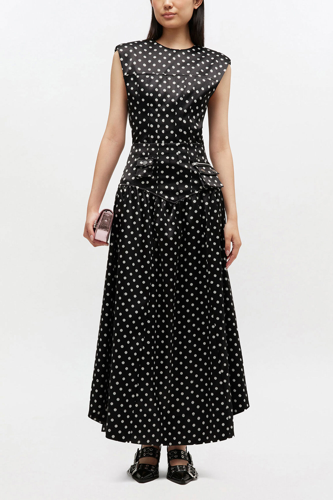 Polka-Dot Satin Corset Skirt, Recycled Polyester, in colour Black - 1 - GANNI