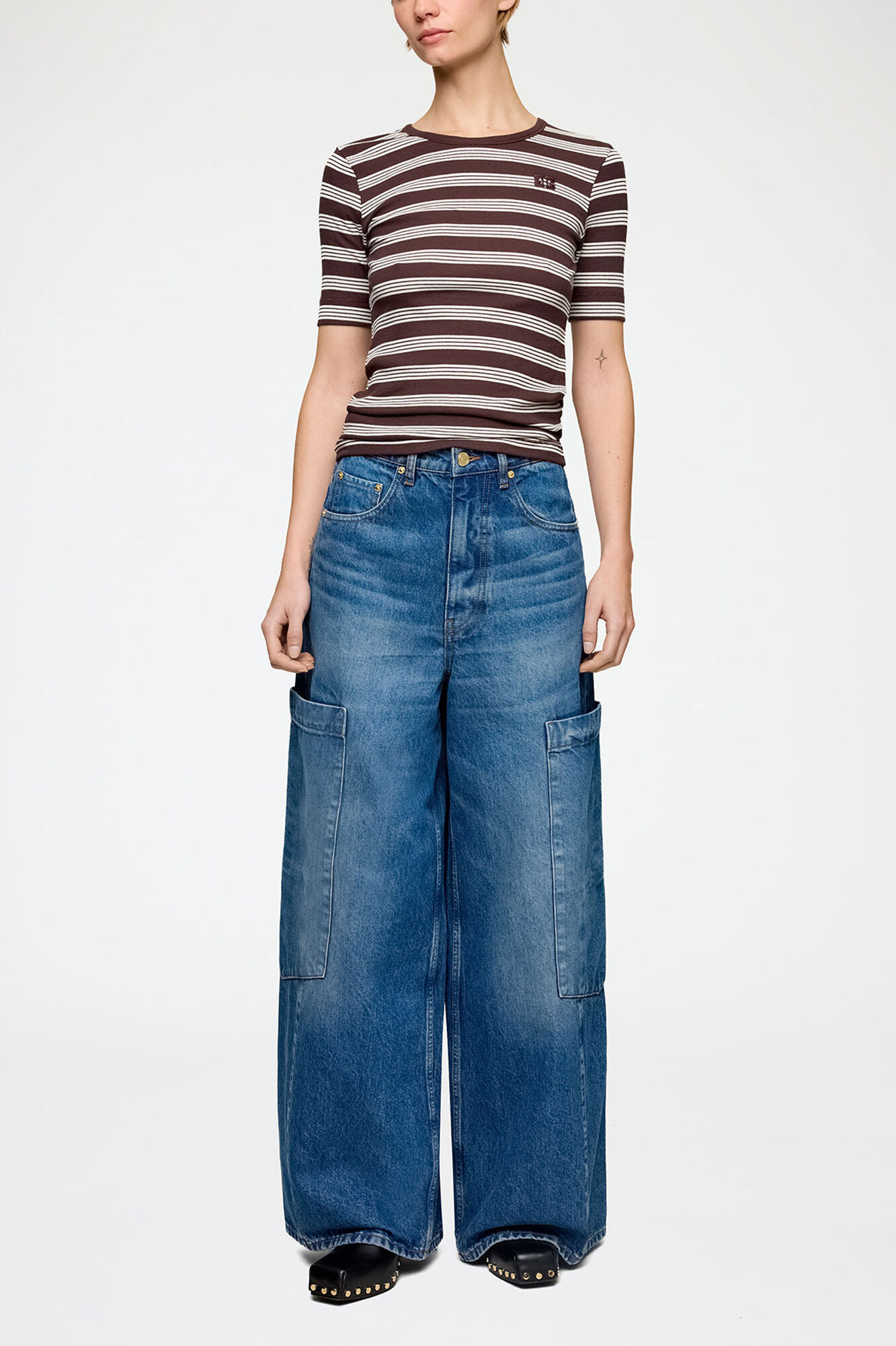 Baggy Cargo Jeans in Rigid Denim, Organic Cotton, in colour Mid Blue Stone - 3 - GANNI