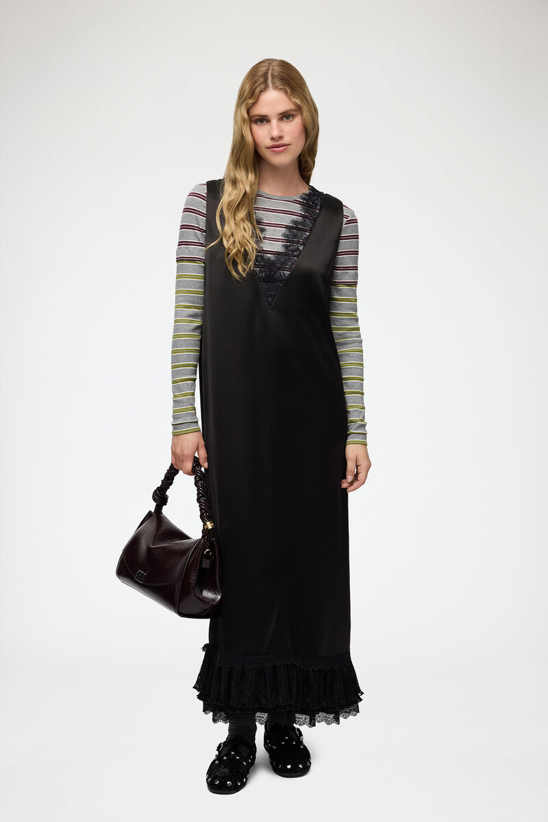 Robe longue en satin et dentelle, Acetate, in colour Black - 1 - GANNI