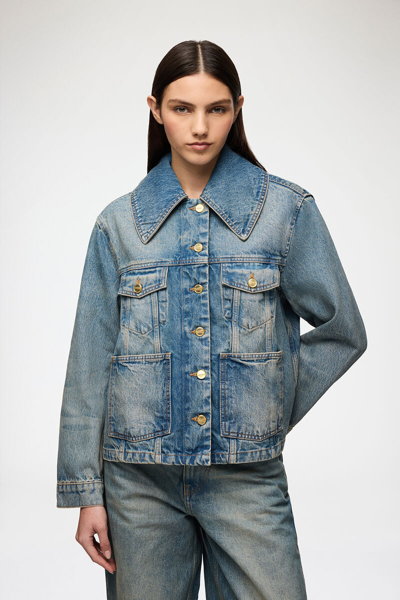 リジッドデニムのジャケット, Organic Cotton, in colour Mid Blue Vintage - 1 - GANNI