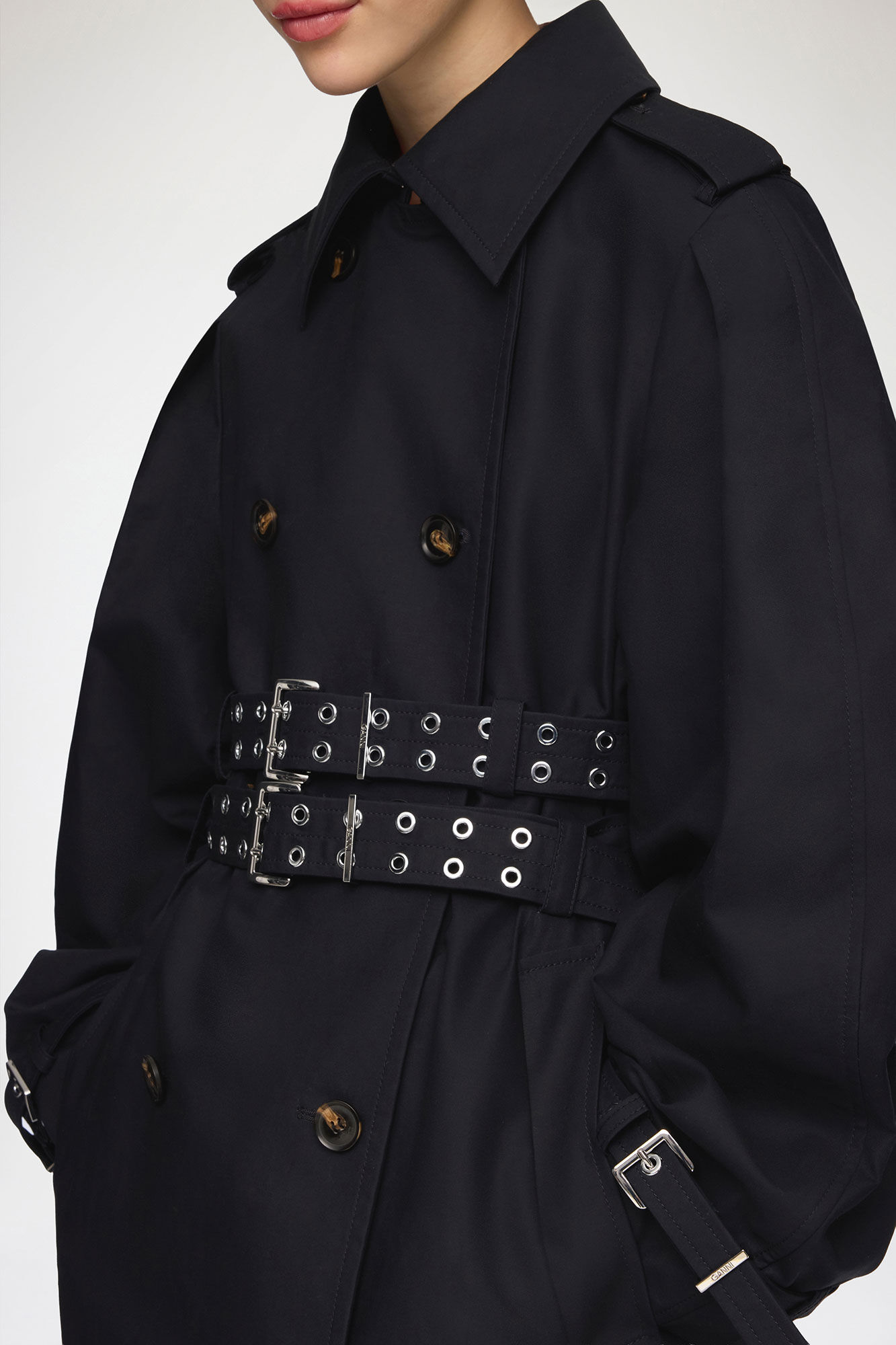 Trench Coat in Double Cotton, Organic Cotton, in colour Black - 3 - GANNI