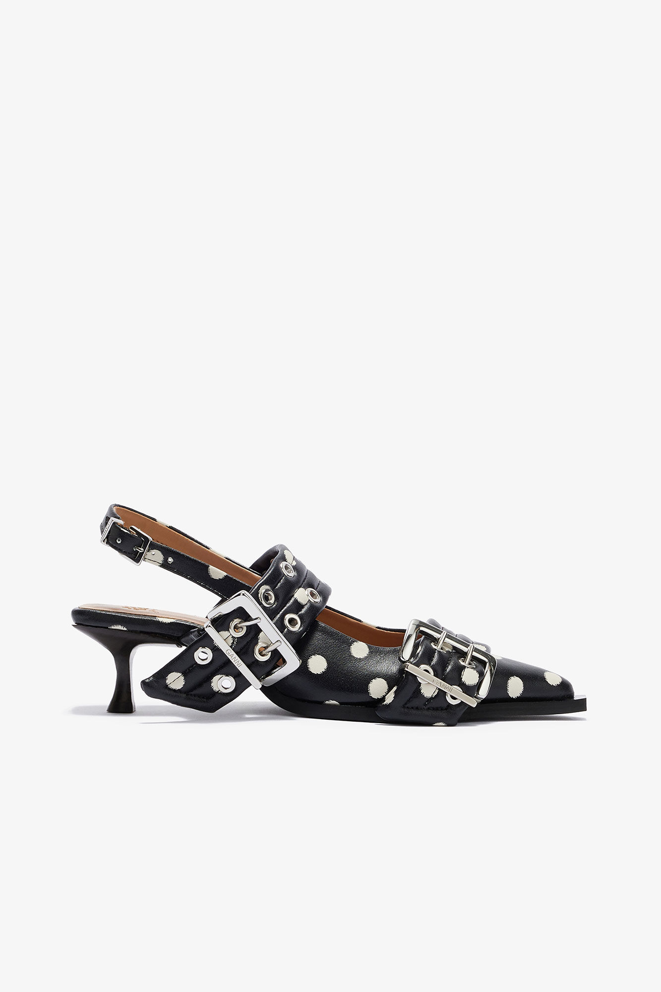 Feminine Buckle Heels with Dots, Recycled Leather, in colour Black - 1 - GANNI