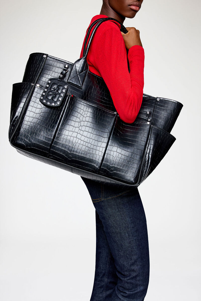 Sac en croco noir Posy, Recycled Leather, in colour Black - 2 - GANNI