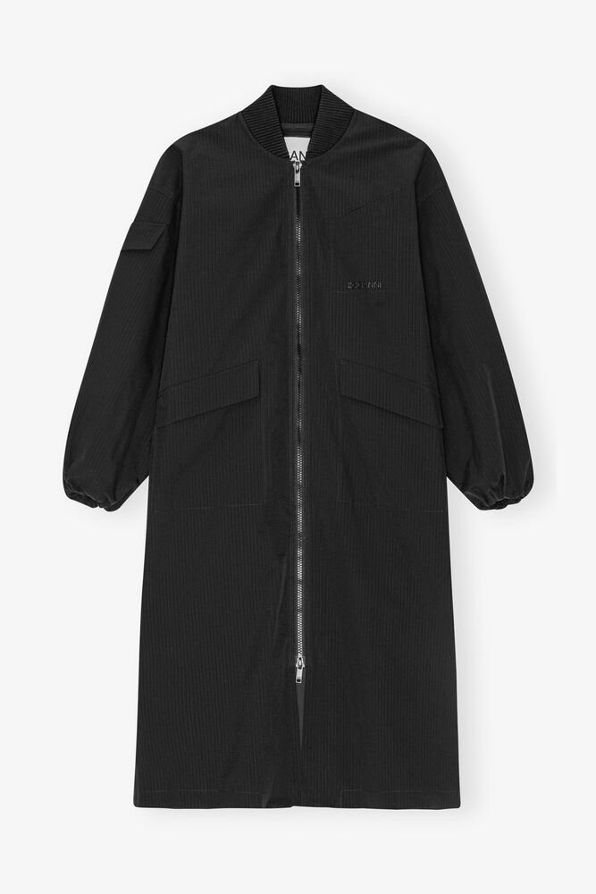 Black Tech Seersucker Oversized Shell Coat, Black