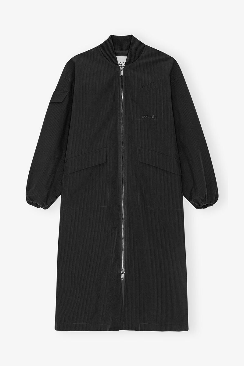 Black Tech Seersucker Oversized Shell Coat, Recycled Polyester, in colour Black - 1 - GANNI