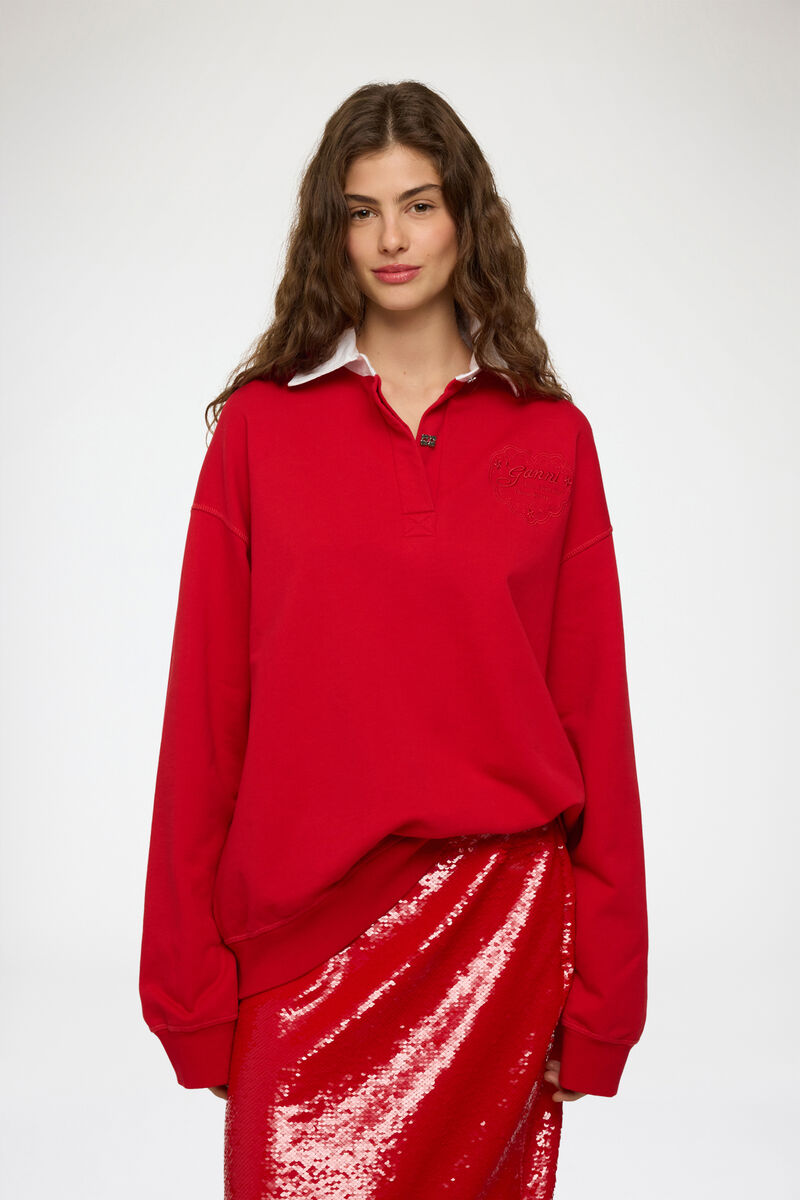 Polo Shirt with Heart Embroidery, Organic Cotton, in colour Racing Red - 1 - GANNI