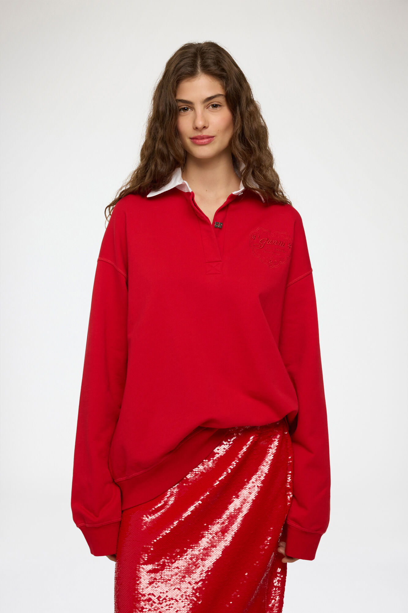 Polo Shirt with Heart Embroidery, Organic Cotton, in colour Racing Red - 1 - GANNI