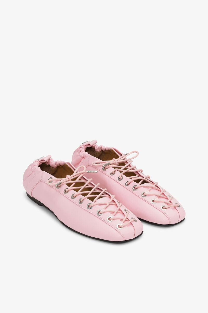 Lace-Up Ballerinas in Rose, Recycled Leather, in colour Fairy Tale - 2 - GANNI