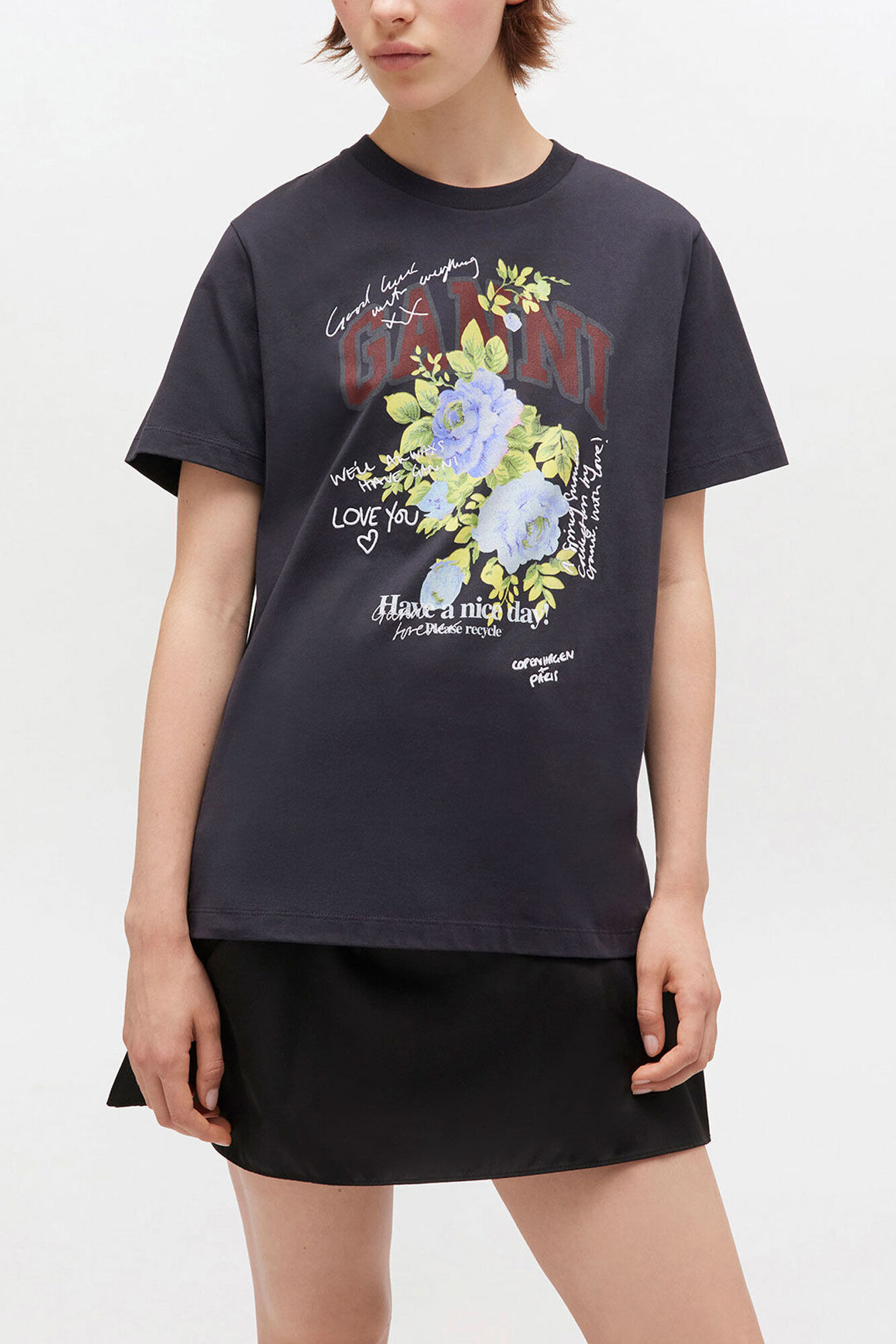 Black Rose T-shirt, Organic Cotton, in colour Phantom - 1 - GANNI