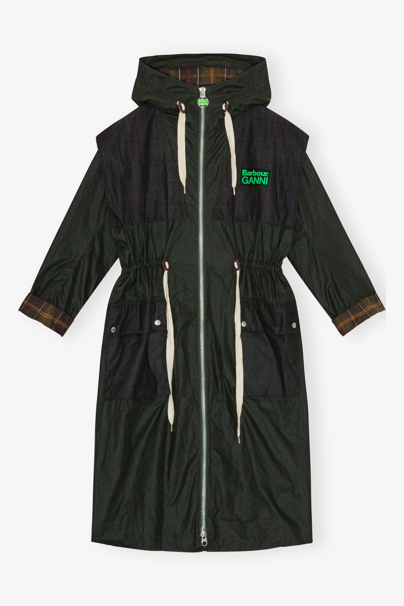 GANNI x Barbour Waxed Parka Jacket, Organic Cotton, in colour Dark Green - 1 - GANNI