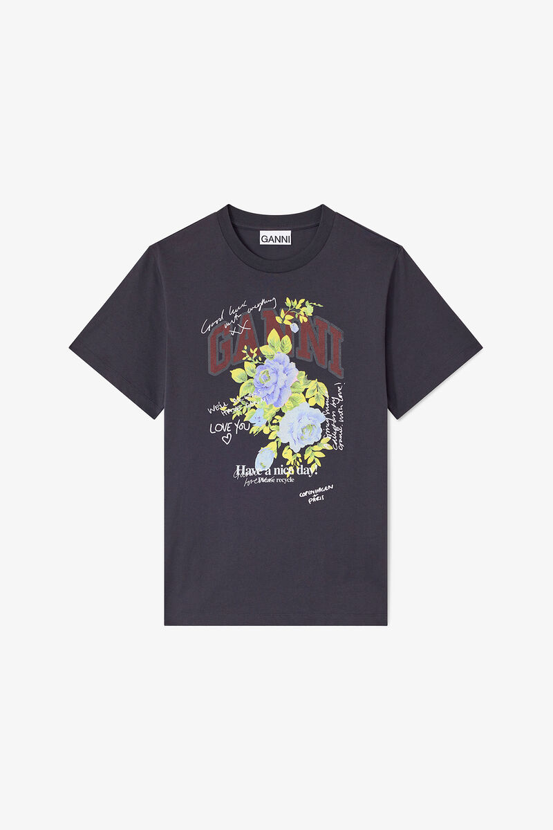 Black Rose T-shirt, Organic Cotton, in colour Phantom - 1 - GANNI
