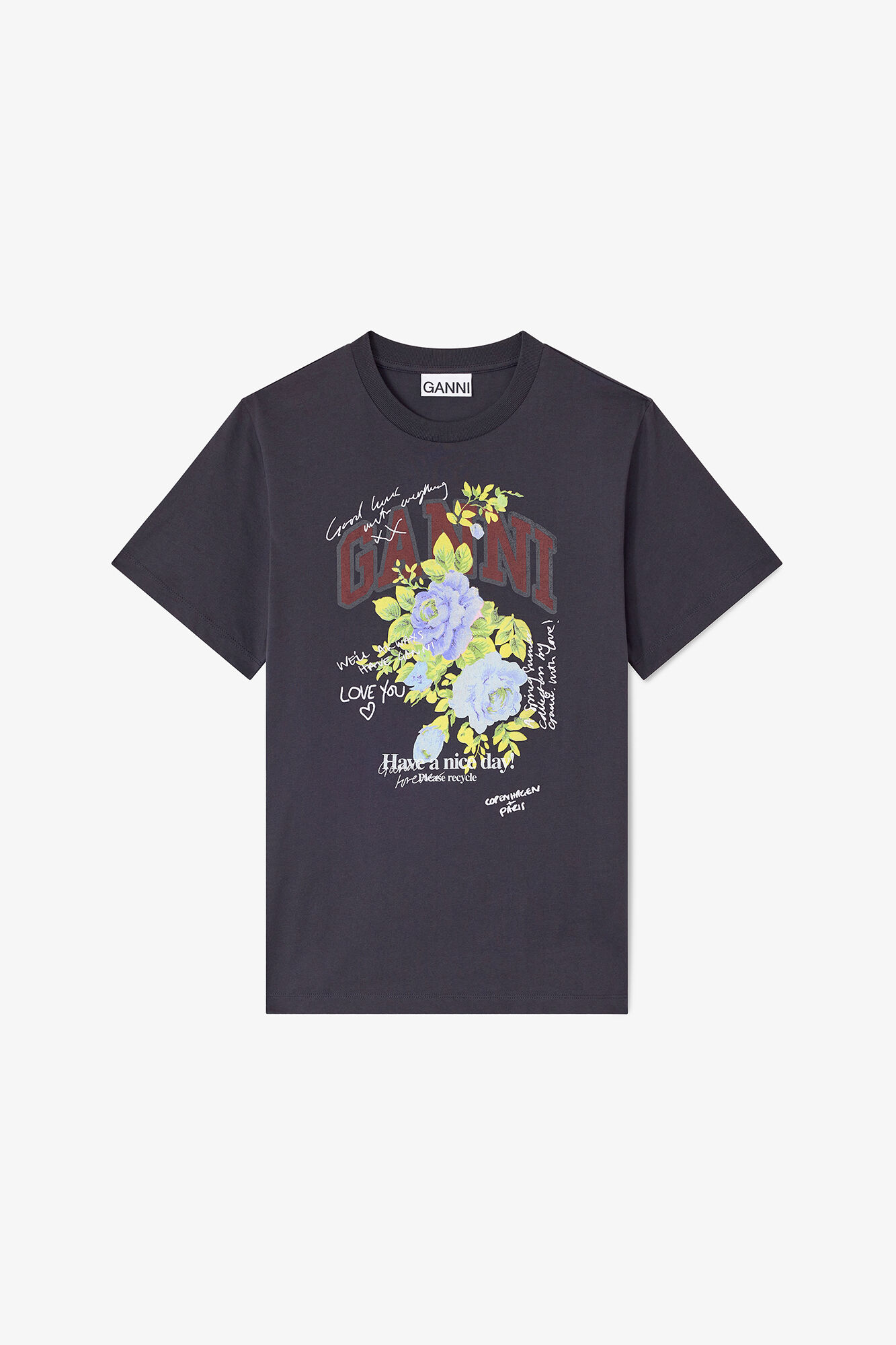 Black Rose T-shirt, Organic Cotton, in colour Phantom - 1 - GANNI