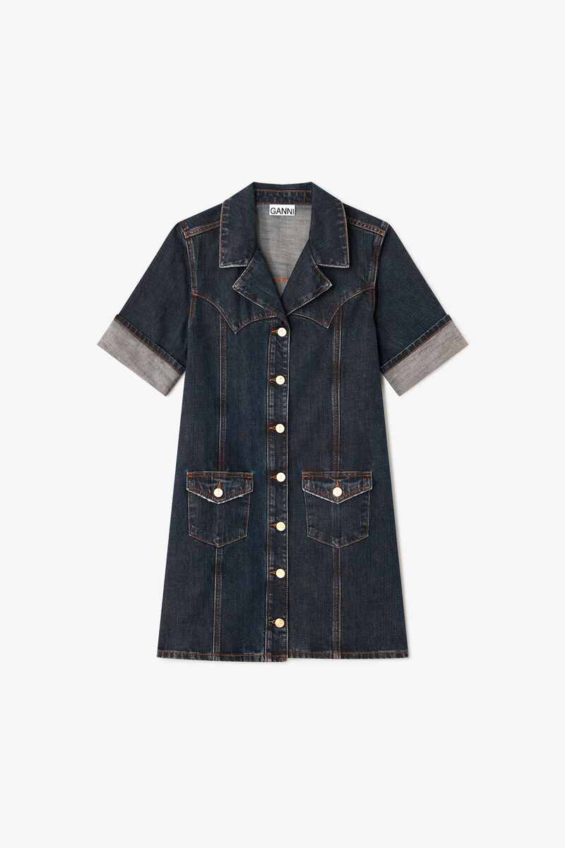 Mini Dress in Textured Slub Denim, Recycled Cotton, in colour Dark Blue Vintage - 1 - GANNI