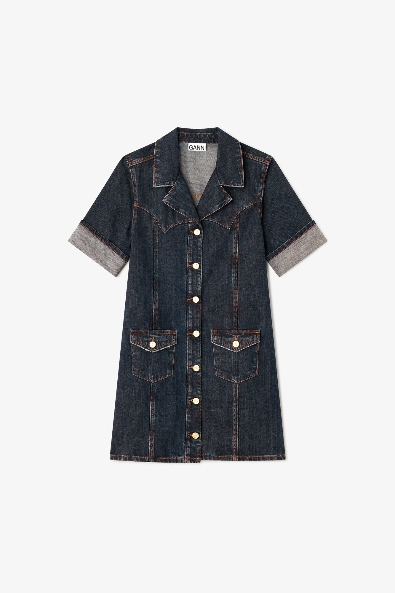 Mini Dress in Textured Slub Denim, Recycled Cotton, in colour Dark Blue Vintage - 1 - GANNI