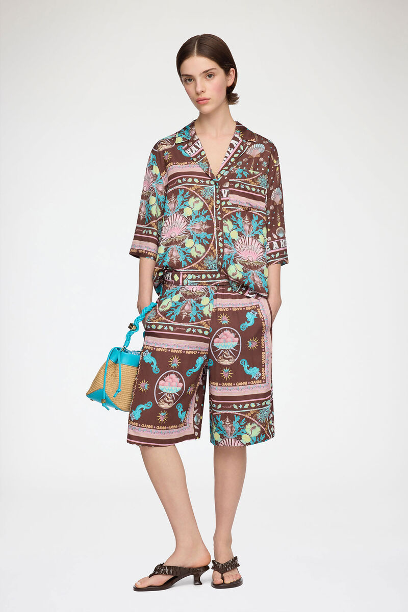 Shirt in Printed Twill, Viscose, in colour Chicory Coffee - 2 - GANNI
