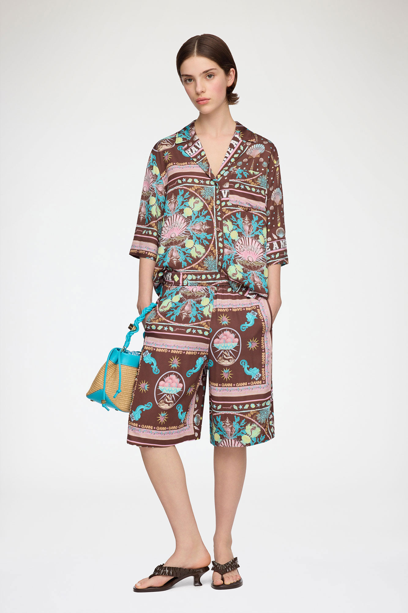 Shirt in Printed Twill, Viscose, in colour Chicory Coffee - 2 - GANNI