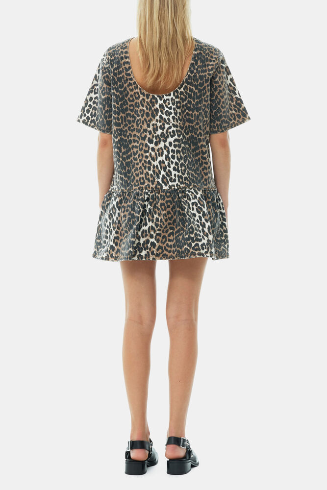 Leopard Open-back Mini Denim Dress, Leopard