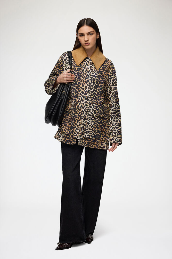 Jacket in Leopard Canvas, Almond Milk