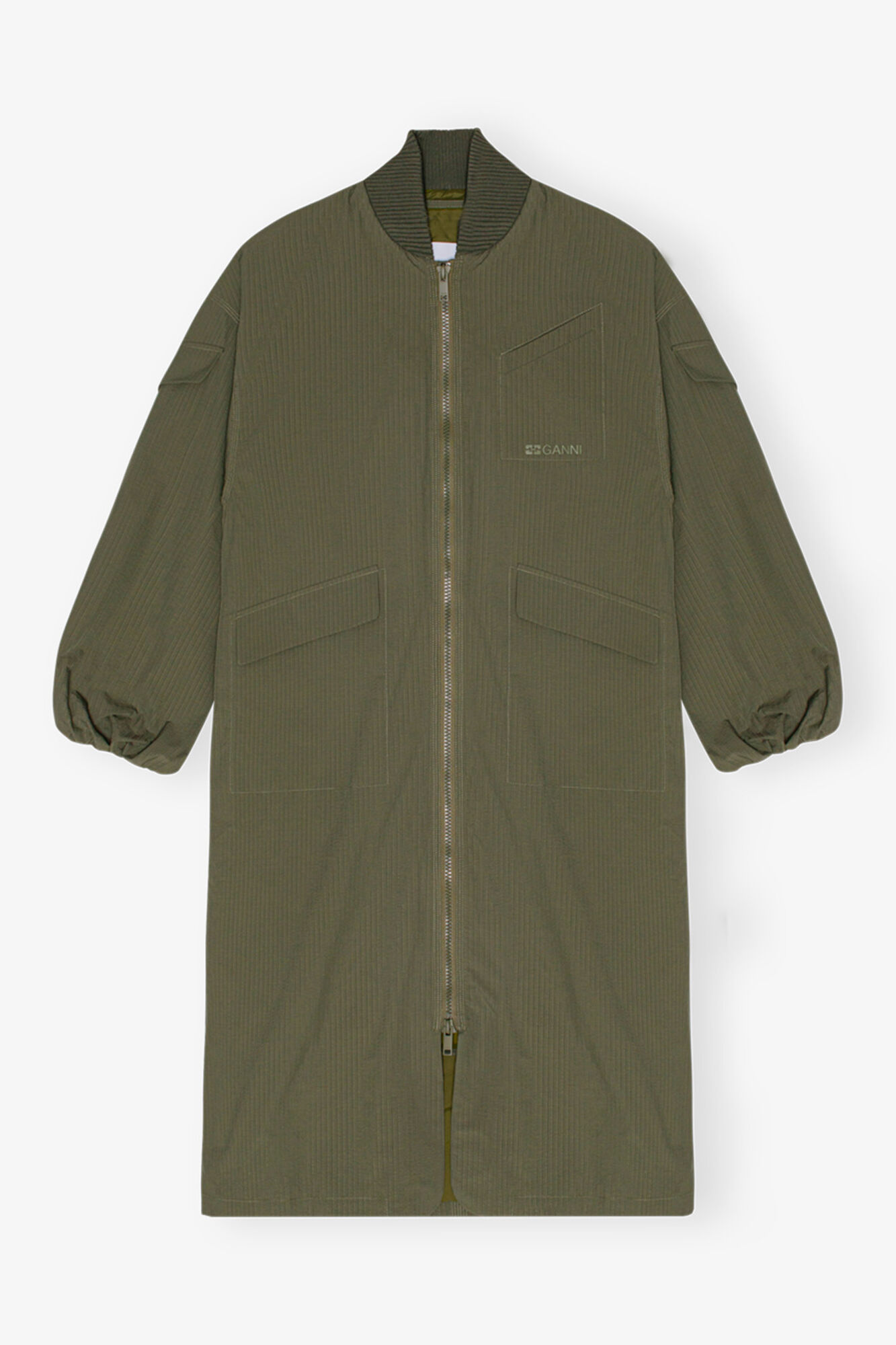 Grønn, overdimensjonert teknisk skallkåpe i kretong, Recycled Polyester, in colour Beetle - 1 - GANNI