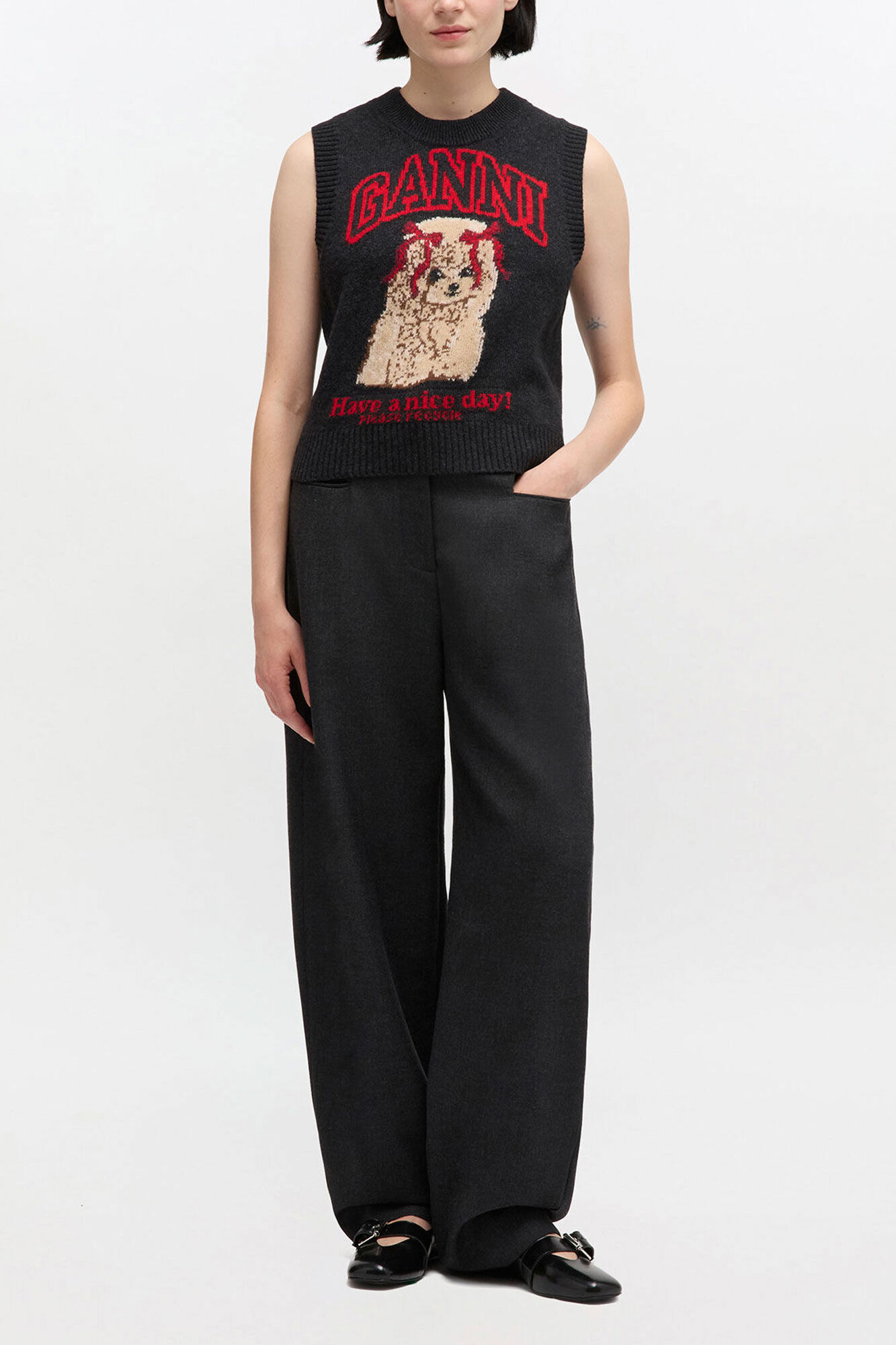 Graphic Wool Vest, Wool, in colour Black Sand - 2 - GANNI
