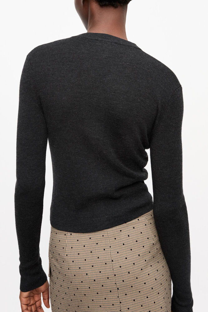 Black Mini Ribbed Merino Cardigan, Phantom