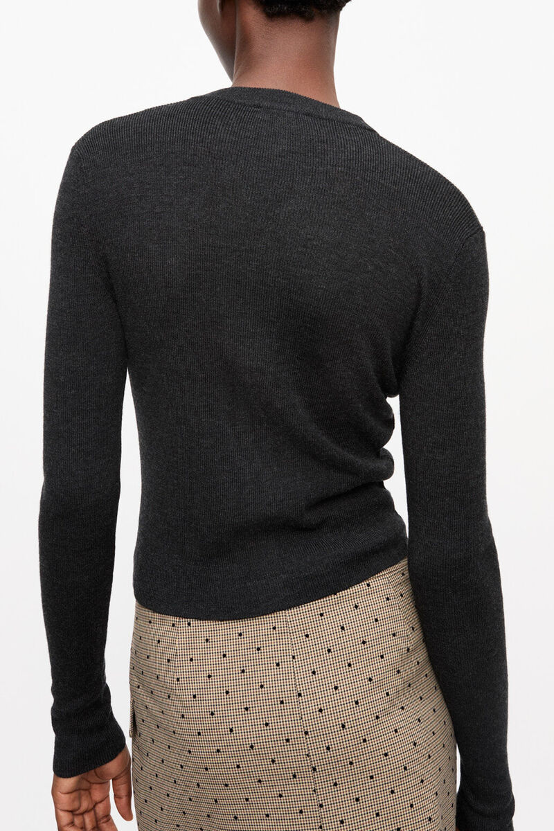 Black Mini Ribbed Merino Cardigan, Merino Wool, in colour Phantom - 2 - GANNI