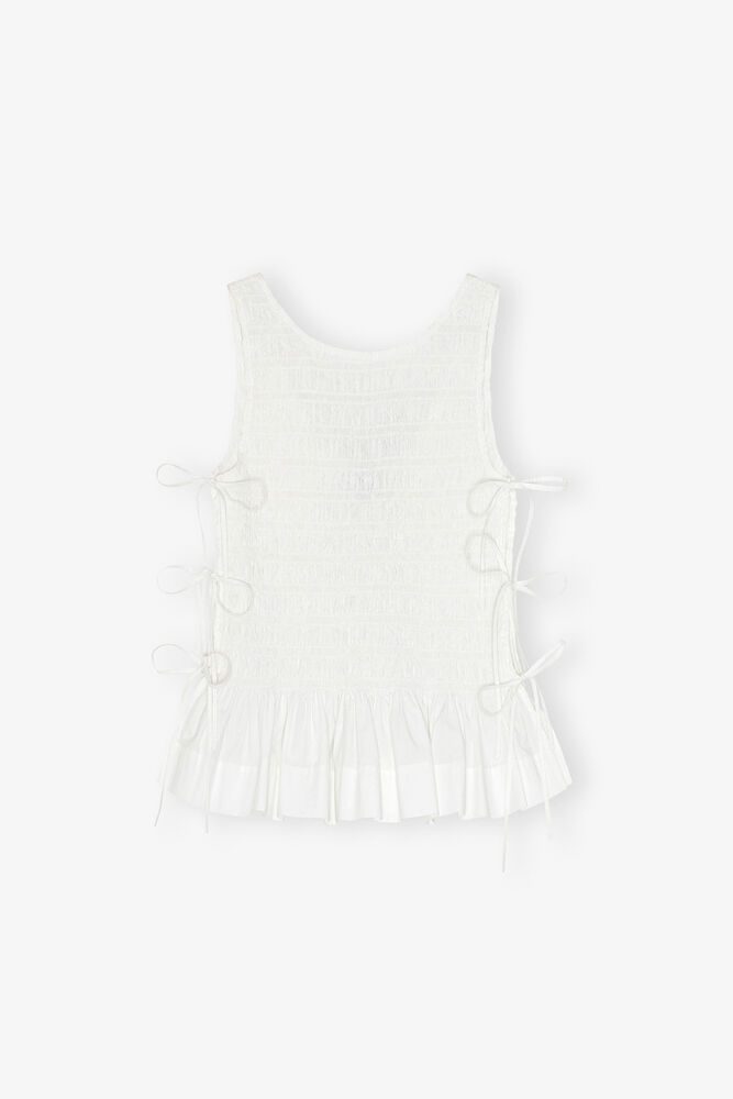 Haut à liens smocké en coton blanc, Bright White