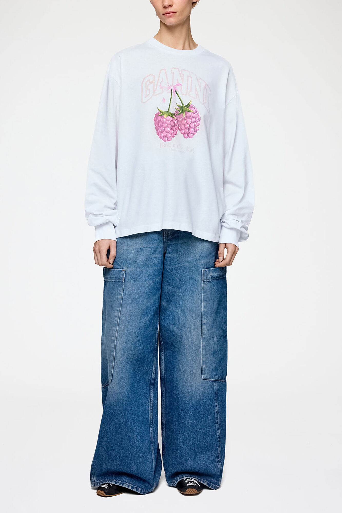 Long-sleeve T-shirt with Raspberries, Organic Cotton, in colour Bright White - 1 - GANNI