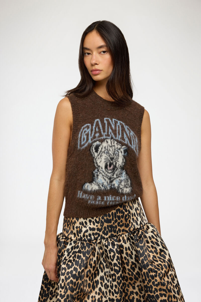 Vest with Tiger, Alpaca, in colour Chicory Coffee - 1 - GANNI