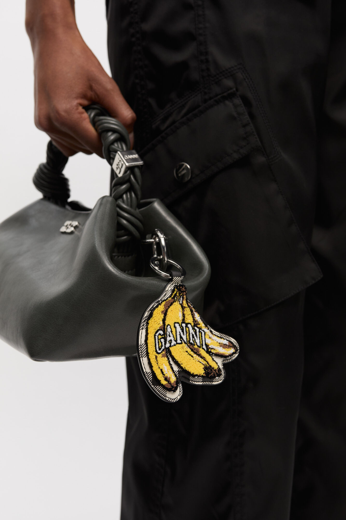 Keyring with Banana, Recycled Leather, in colour Black - 1 - GANNI