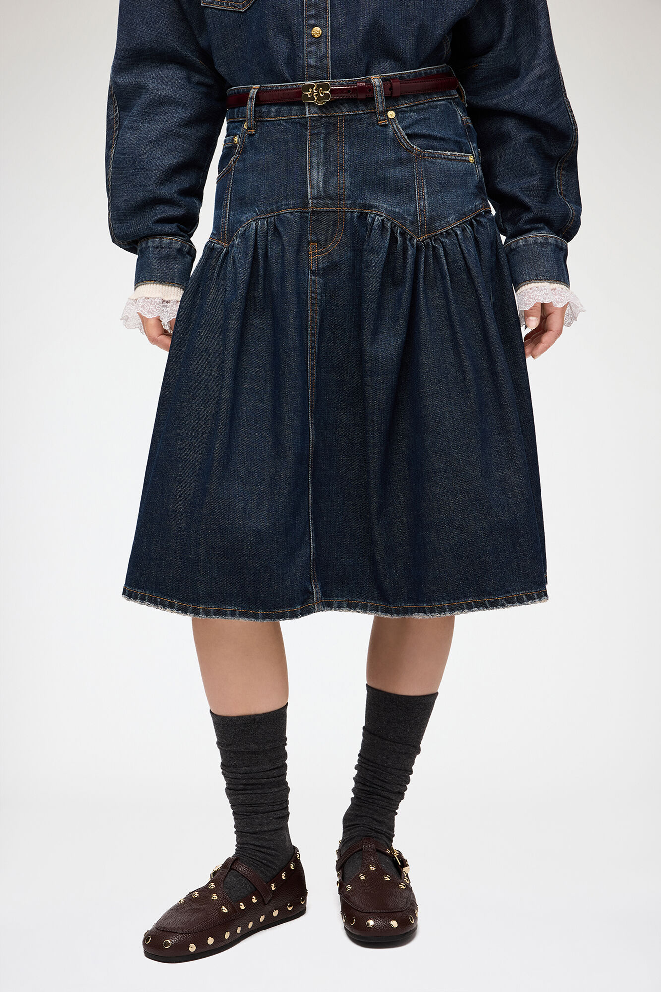 Skirt in Textured Slub Denim, Recycled Cotton, in colour Dark Blue Vintage - 2 - GANNI