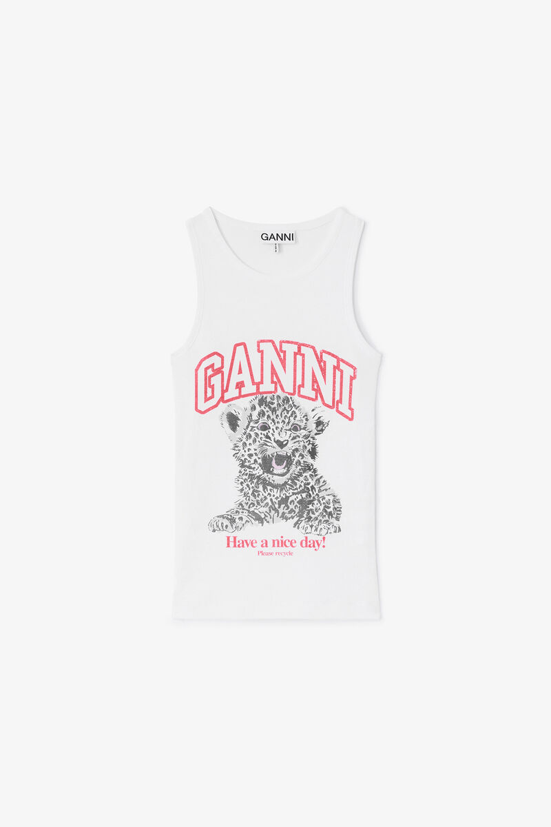 Tank Top with Teddy Family, Organic Cotton, in colour Bright White - 1 - GANNI