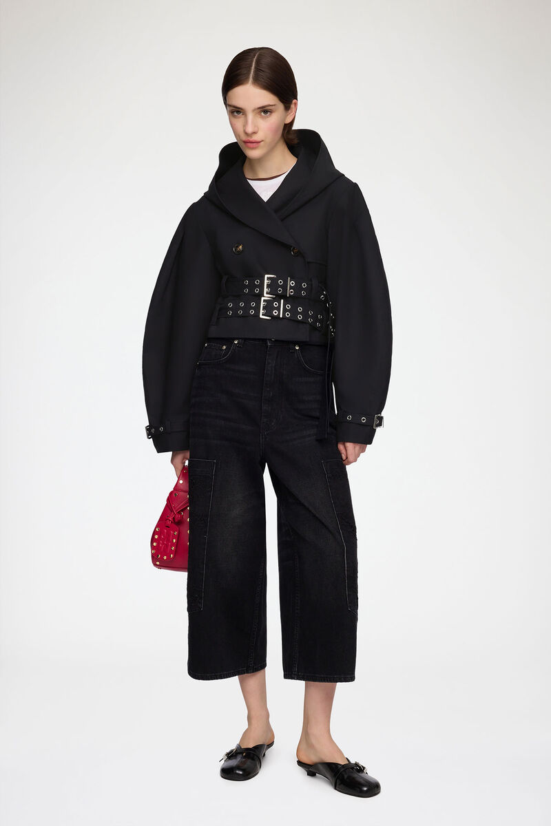 Trench Jacket in Double Cotton, Organic Cotton, in colour Black - 2 - GANNI